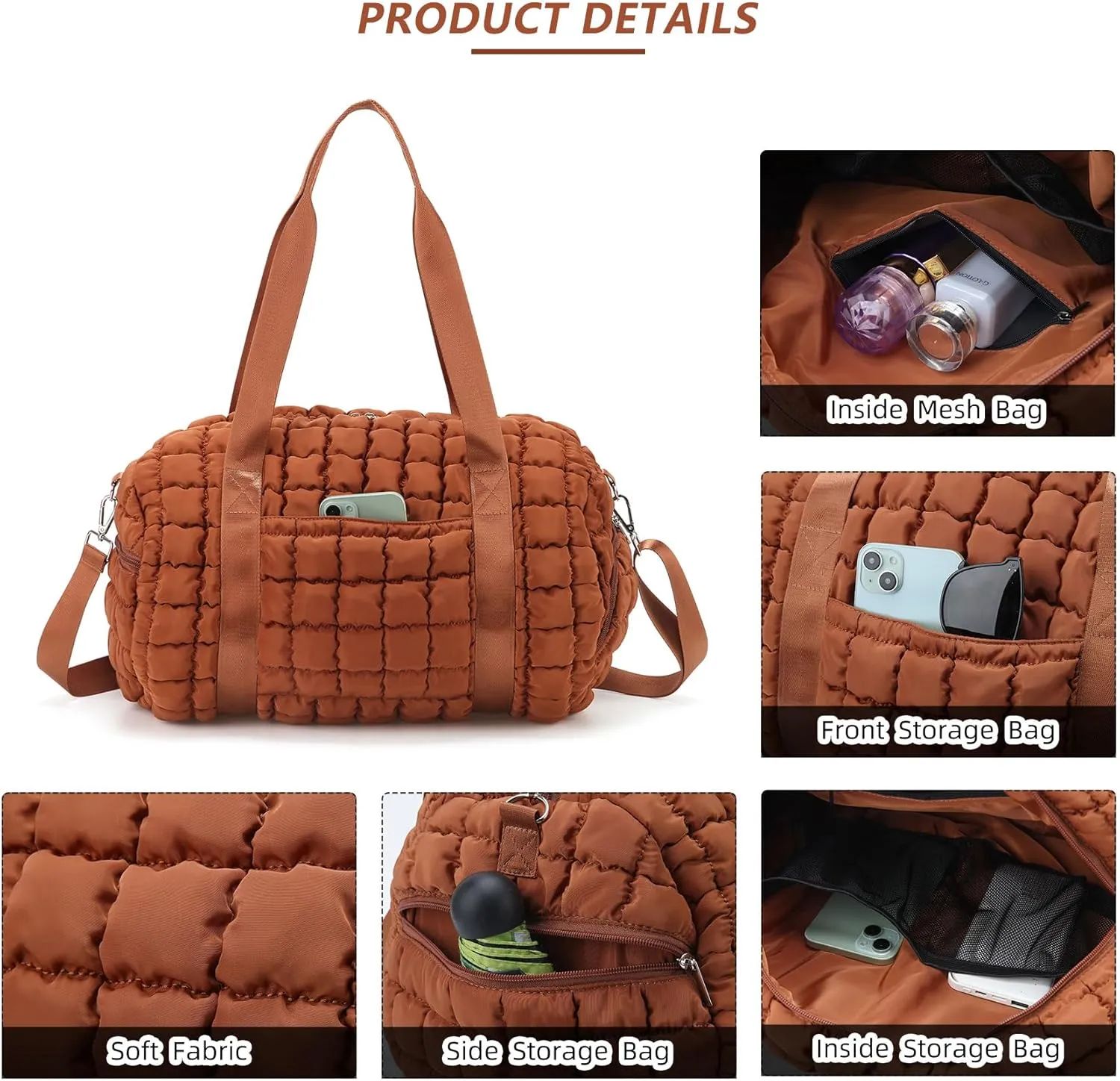 Quilted Puffer Duffel Bag for Women, Large Sports Travel Puffer Weekender Bag with Shoe Compartment, Soft Puffy Carry on Gym Bag for Airplane,Brown