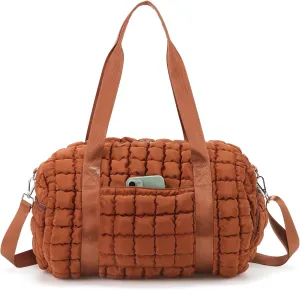 Quilted Puffer Duffel Bag for Women, Large Sports Travel Puffer Weekender Bag with Shoe Compartment, Soft Puffy Carry on Gym Bag for Airplane,Brown