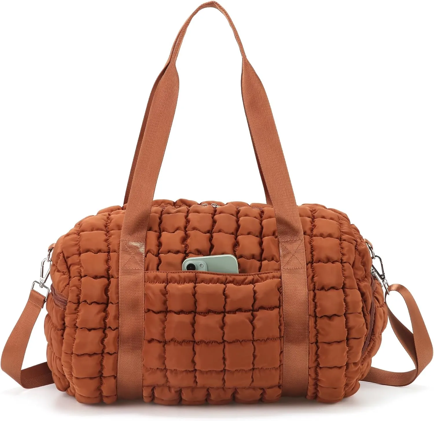 Quilted Puffer Duffel Bag for Women, Large Sports Travel Puffer Weekender Bag with Shoe Compartment, Soft Puffy Carry on Gym Bag for Airplane,Brown