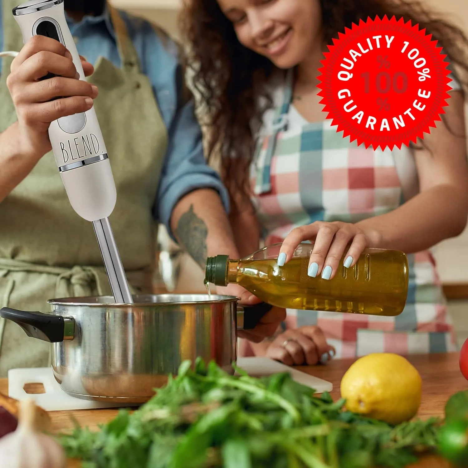 Rae Dunn Immersion Hand Blender- Handheld Immersion Blender with Egg Whisk and Milk Frother, 2 Speed Blender, 500 Watts, Stainless Steel Blade, Cream, With Attachments