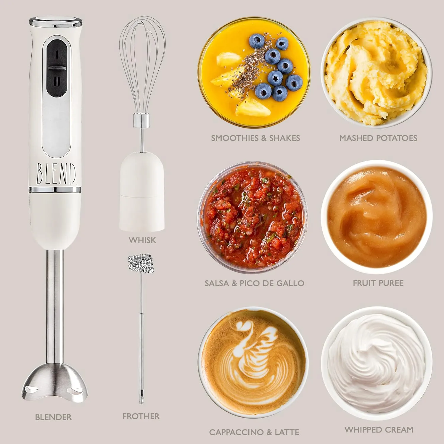 Rae Dunn Immersion Hand Blender- Handheld Immersion Blender with Egg Whisk and Milk Frother, 2 Speed Blender, 500 Watts, Stainless Steel Blade, Cream, With Attachments