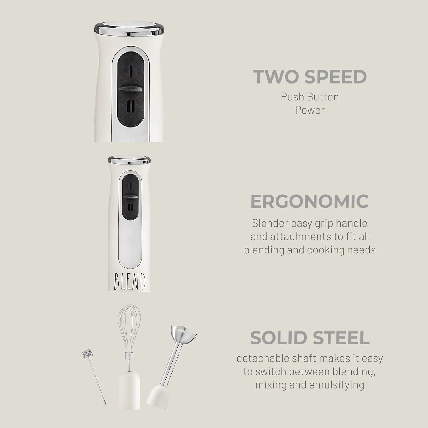 Rae Dunn Immersion Hand Blender- Handheld Immersion Blender with Egg Whisk and Milk Frother, 2 Speed Blender, 500 Watts, Stainless Steel Blade, Cream, With Attachments