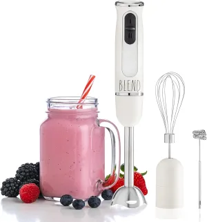Rae Dunn Immersion Hand Blender- Handheld Immersion Blender with Egg Whisk and Milk Frother, 2 Speed Blender, 500 Watts, Stainless Steel Blade, Cream, With Attachments