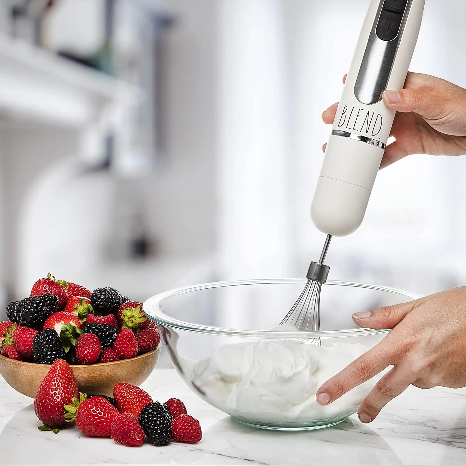 Rae Dunn Immersion Hand Blender- Handheld Immersion Blender with Egg Whisk and Milk Frother, 2 Speed Blender, 500 Watts, Stainless Steel Blade, Cream, With Attachments