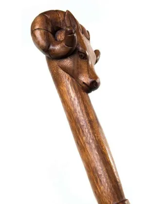 Rare Antique Ram Animal Head Walking Stick - Designer Premium Wooden Carved Walking Cane - Beautiful Handmade Foldable Cane With Ram Animal Handle For Men Women Comfortable Best Gift Idea