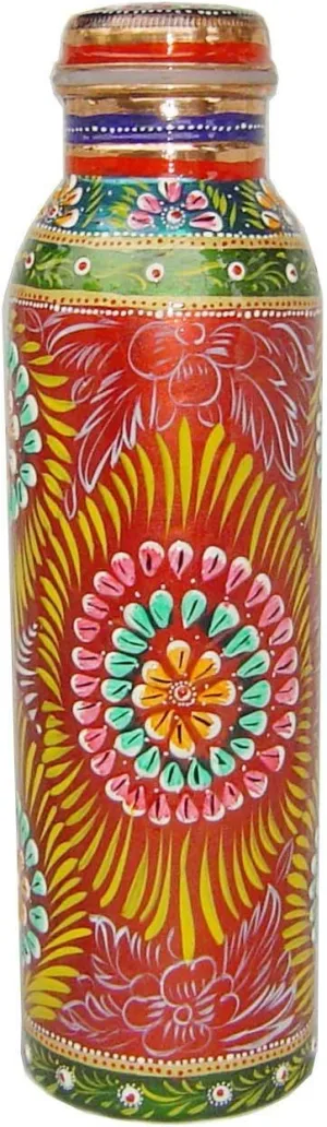 Rastogi Handicrafts Pure copper Hand painted bottle Red capacity 33oz / 950 ml for drinking water storage/yoga bottle