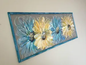 Recycled Old window Screen hand painting " Flowers"Blue and Yelow Original Art hand painted screen,made to order