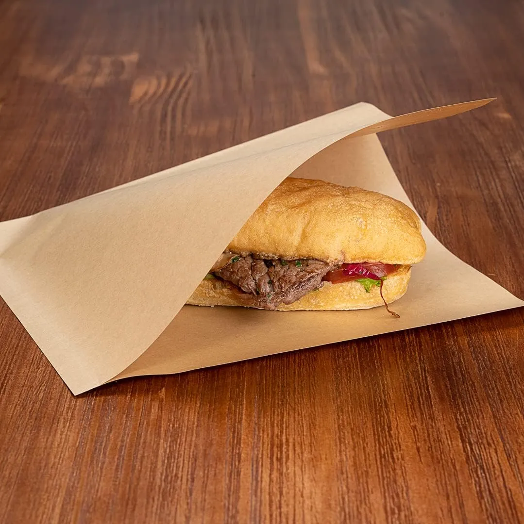 Restaurantware Bag Tek 10" x 9" Double Open Bags 100 Large Deli Paper Sheets - Disposable Greaseproof Brown Kraft Deli Wrap Liners For Snacks Cookies And More