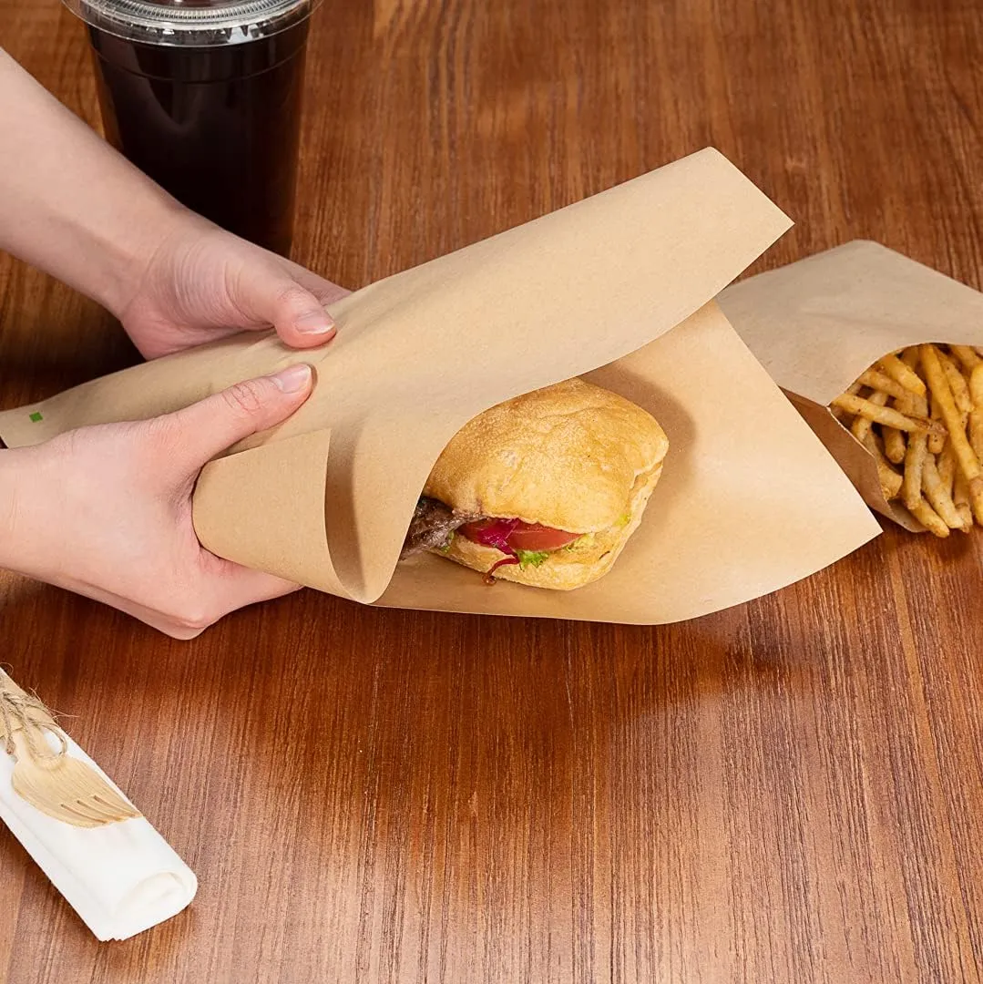 Restaurantware Bag Tek 10" x 9" Double Open Bags 100 Large Deli Paper Sheets - Disposable Greaseproof Brown Kraft Deli Wrap Liners For Snacks Cookies And More