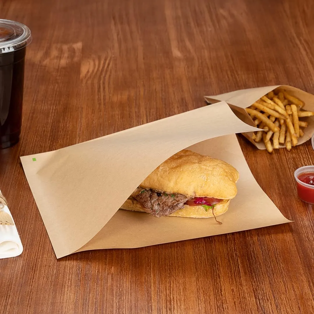 Restaurantware Bag Tek 10" x 9" Double Open Bags 100 Large Deli Paper Sheets - Disposable Greaseproof Brown Kraft Deli Wrap Liners For Snacks Cookies And More