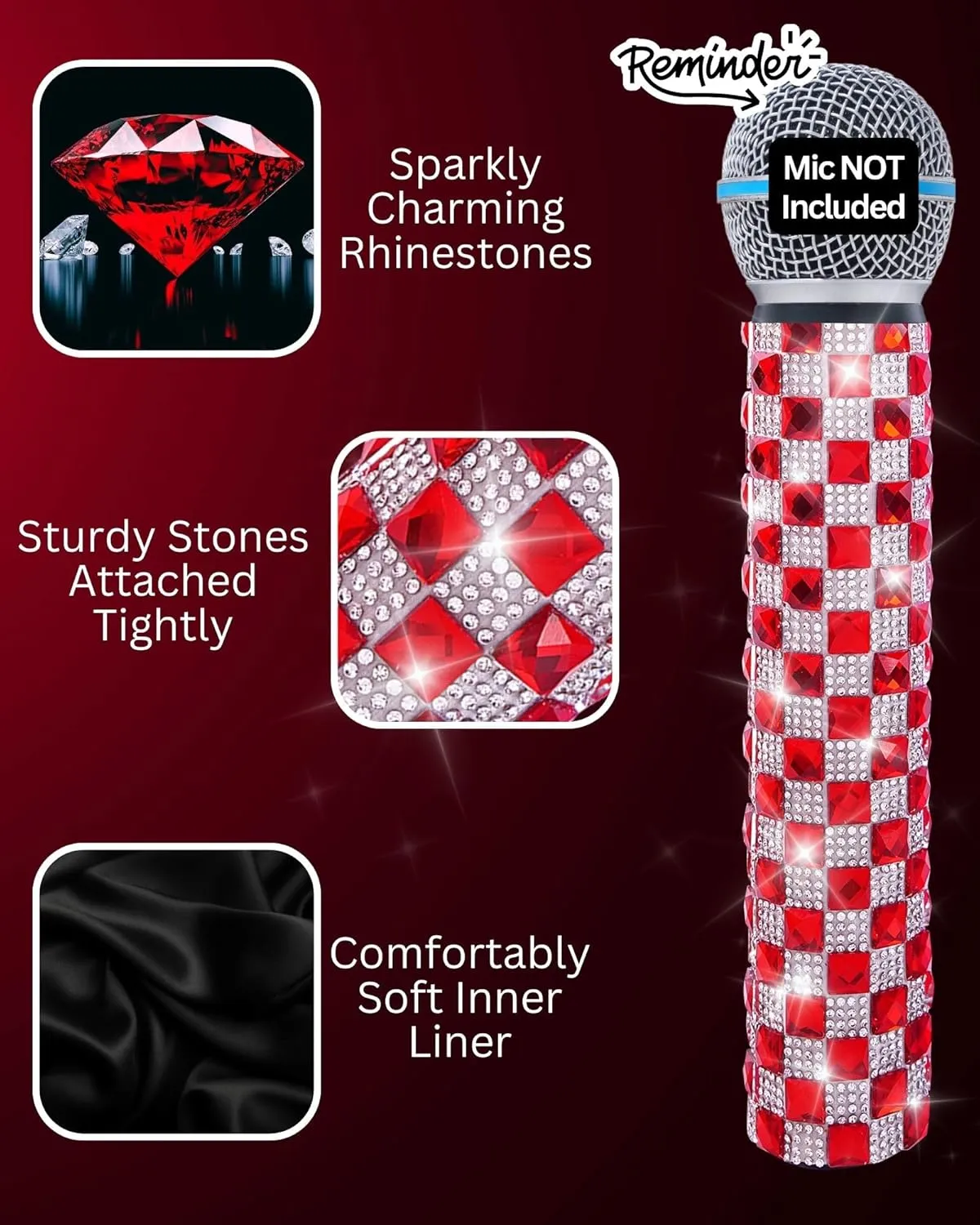 Rhinestones Microphone Cover for Wireless Transmittor Shuer SM58, Beta 58A, PG58 Sparkle Shining on Tour Shows, White Red