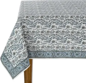 Ridhi Baby Blue Eyes 100% Cotton Spring Summer Rectangle Tablecloth, Handblock Print Floral Table Cloth for Kitchen Dining Linen I Weddings, Outdoors, Easter Decor 70 X 118 Inches I 10 Seater