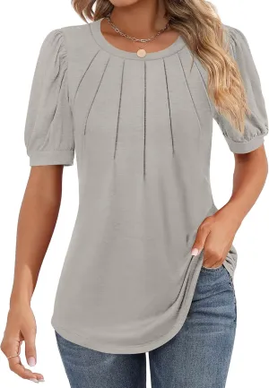 Riyiper Women's Short Sleeve Pleated Tops Crew Neck Puff Sleeve Spring Blouses Tunic Top Summer Dressy Casual T Shirt