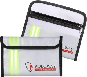 ROLOWAY Small Fireproof Bag (5 x 8 inches) with Reflective Strip, Non-itchy Fireproof Money Bag for Cash, Valuables, Passport, Currency & Keys (2-Pack Silver)