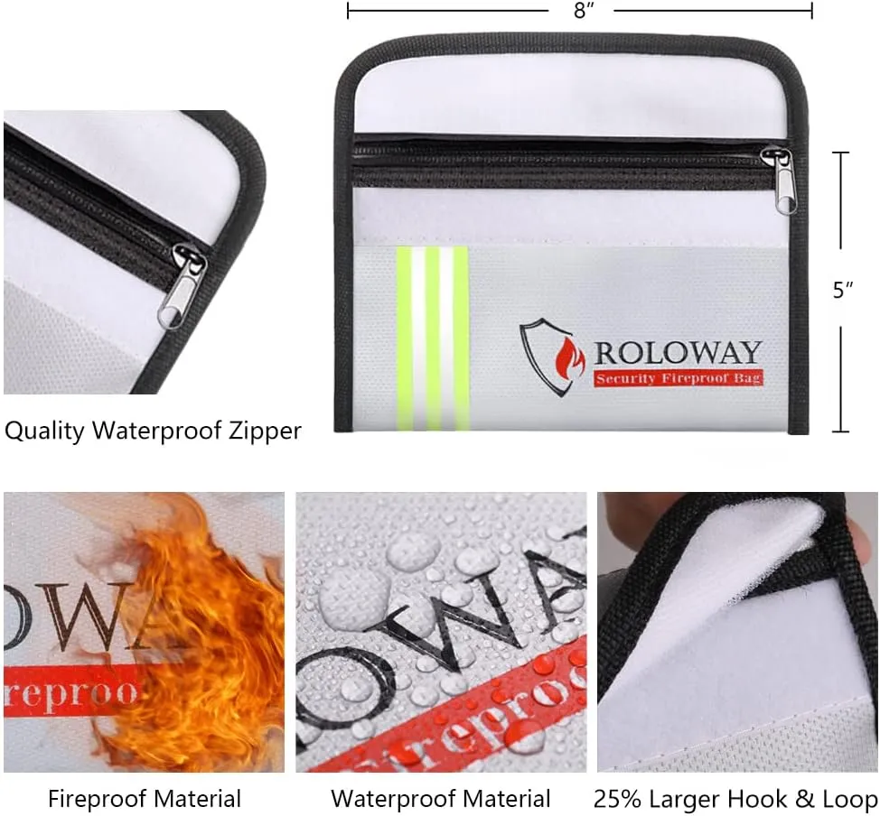 ROLOWAY Small Fireproof Bag (5 x 8 inches) with Reflective Strip, Non-itchy Fireproof Money Bag for Cash, Valuables, Passport, Currency & Keys (2-Pack Silver)