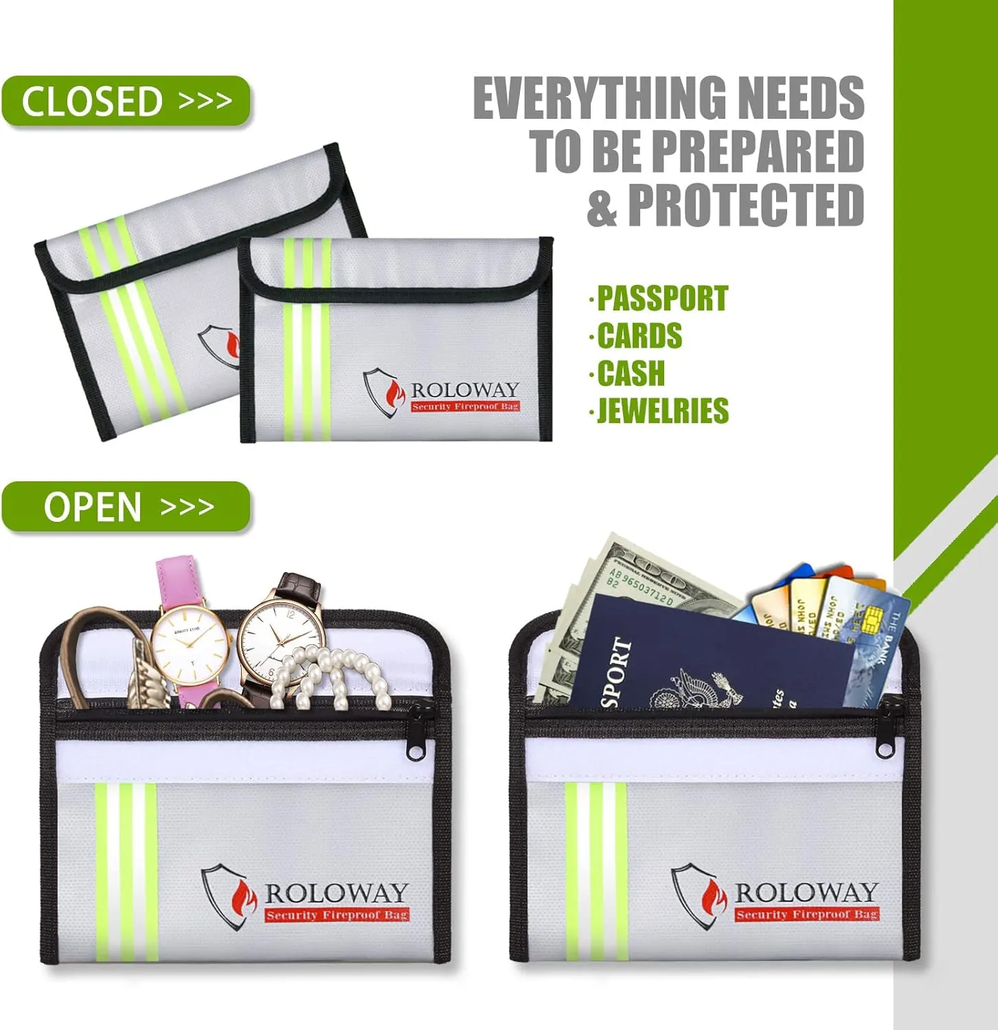 ROLOWAY Small Fireproof Bag (5 x 8 inches) with Reflective Strip, Non-itchy Fireproof Money Bag for Cash, Valuables, Passport, Currency & Keys (2-Pack Silver)