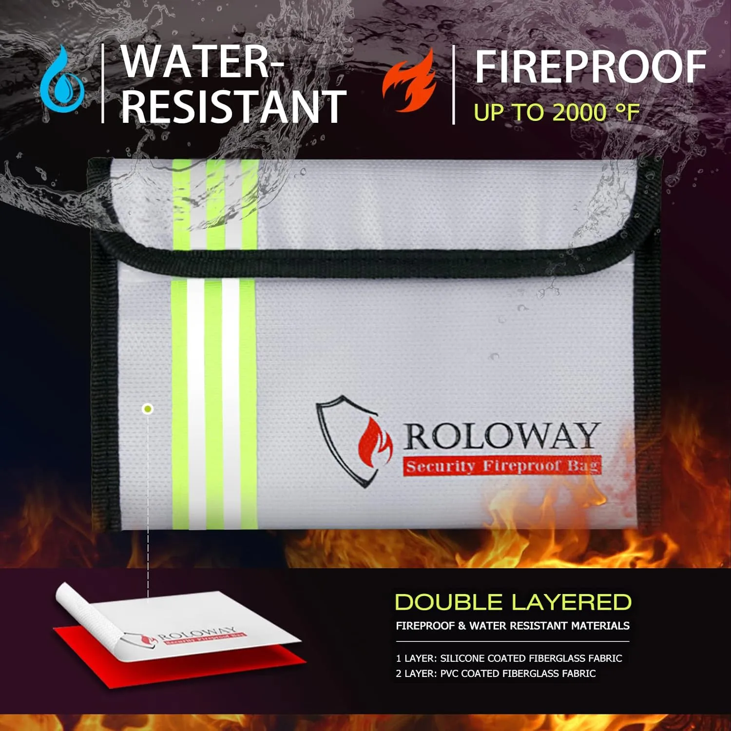 ROLOWAY Small Fireproof Bag (5 x 8 inches) with Reflective Strip, Non-itchy Fireproof Money Bag for Cash, Valuables, Passport, Currency & Keys (2-Pack Silver)