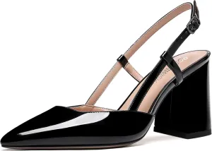 ROSERWISH Womens Slingback Fashion Party Patent Pointed Toe Comfortable Buckle Block High Heel Pumps Shoes 3.3 Inch
