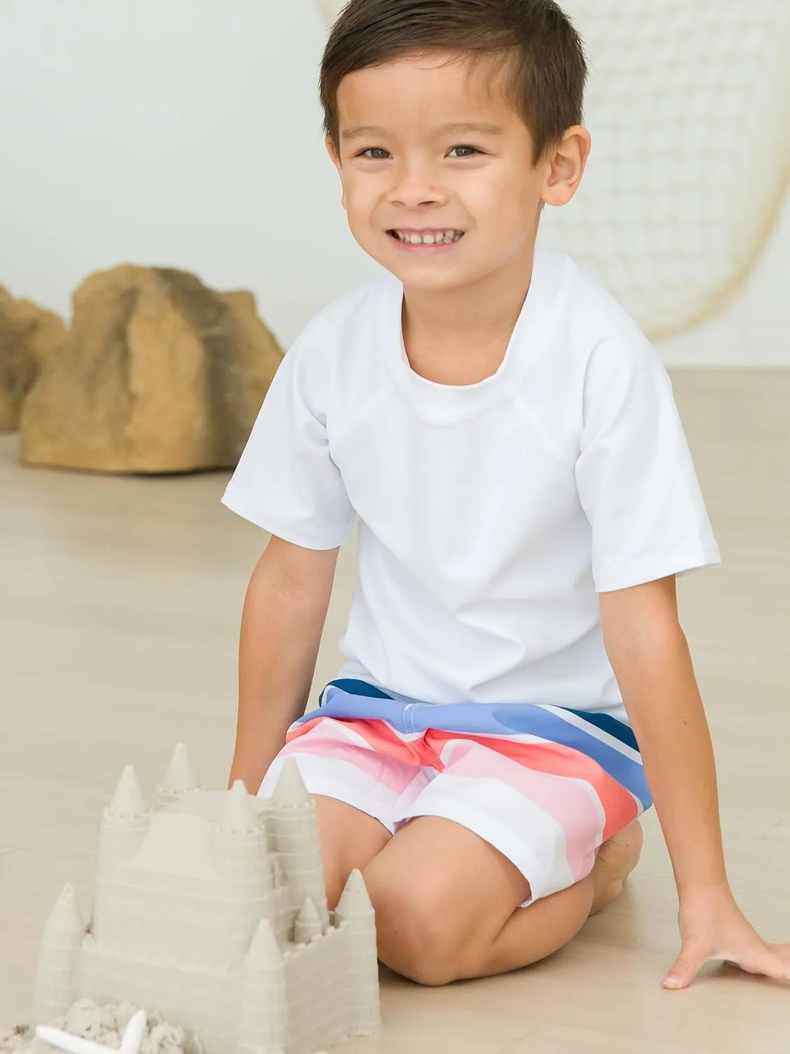 RUGGEDBUTTS Boys UPF50  Sun Protection Striped Color Block Swim Trunks