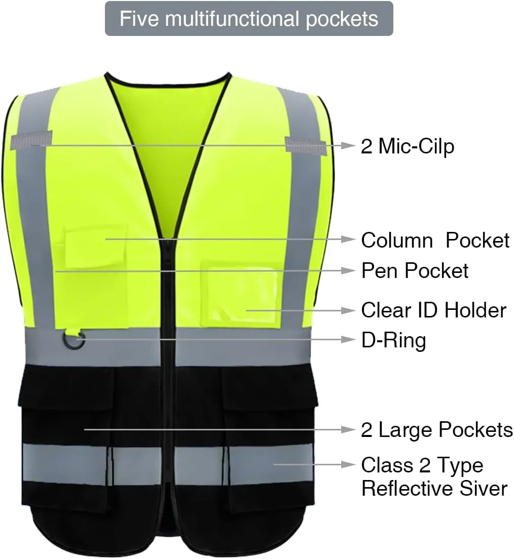Safety Vest Custom Logo High Visibility Reflective Vest Class 2 Construction Workwear with 5 Pockets
