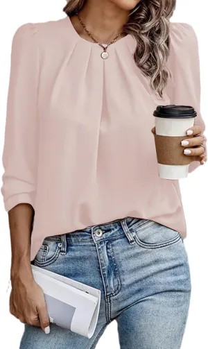 Samefar Womens Tops Dressy Casual Pleated Crew Neck Long Sleeve Shirts Office Work Chiffon Blouses