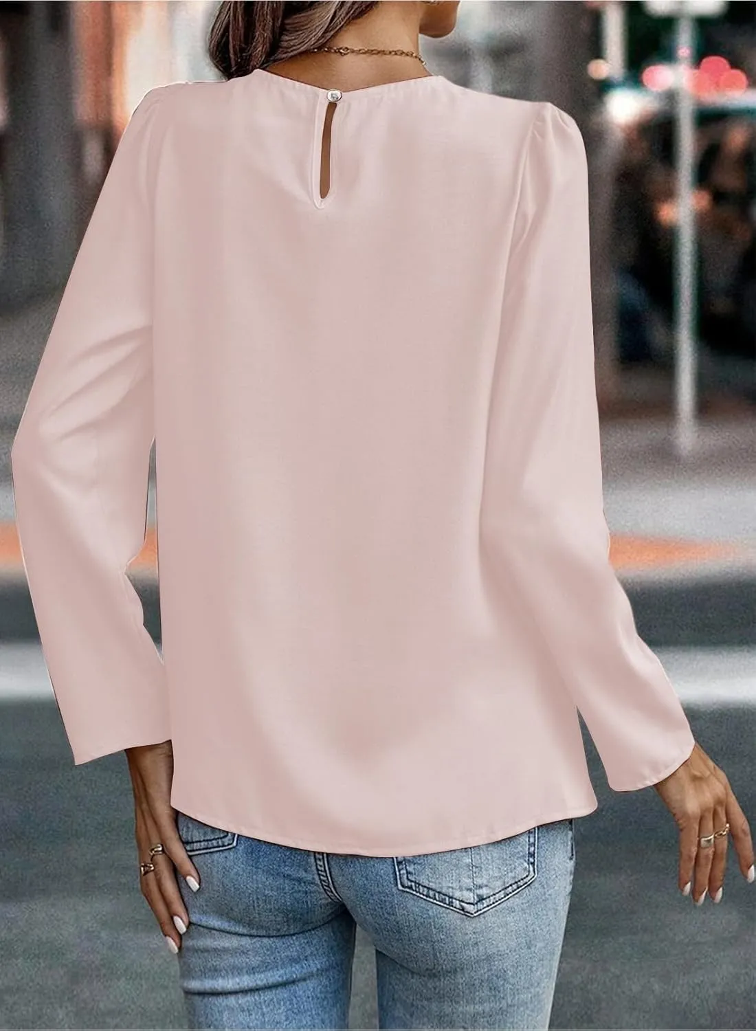 Samefar Womens Tops Dressy Casual Pleated Crew Neck Long Sleeve Shirts Office Work Chiffon Blouses