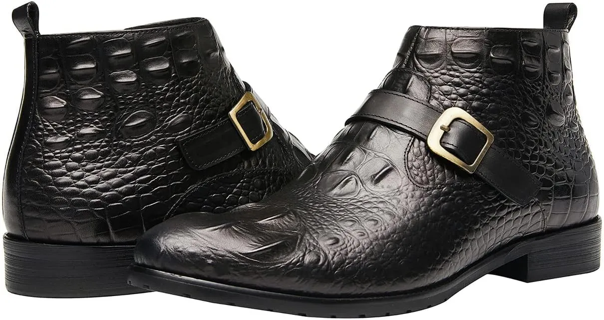 Santimon Mens Chelsea Boots Dress Casual Zipper Buckles Genuine Leather Alligator Patent Ankle Boots for Men Fashion Prom Wedding Party Cowboy Tuexdo Western Boots