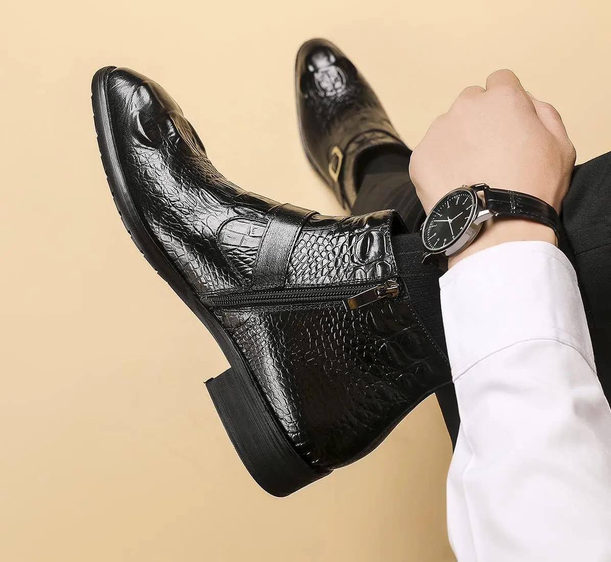Santimon Mens Chelsea Boots Dress Casual Zipper Buckles Genuine Leather Alligator Patent Ankle Boots for Men Fashion Prom Wedding Party Cowboy Tuexdo Western Boots