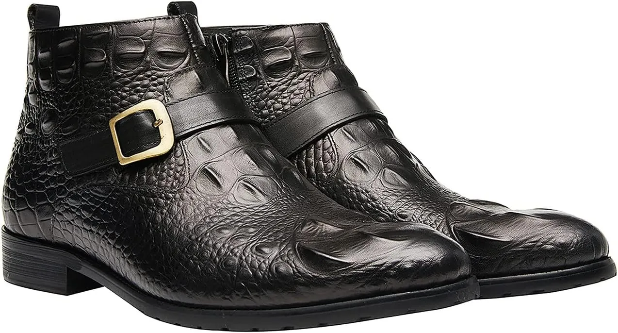 Santimon Mens Chelsea Boots Dress Casual Zipper Buckles Genuine Leather Alligator Patent Ankle Boots for Men Fashion Prom Wedding Party Cowboy Tuexdo Western Boots