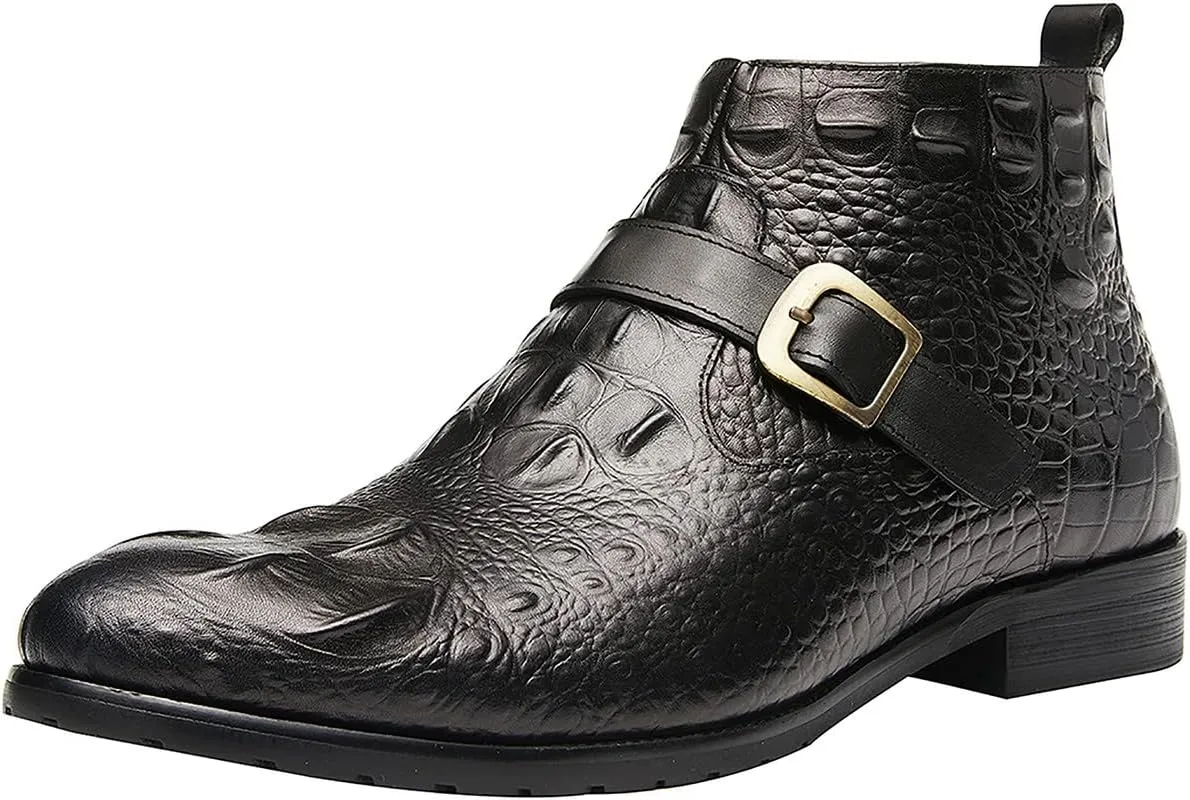 Santimon Mens Chelsea Boots Dress Casual Zipper Buckles Genuine Leather Alligator Patent Ankle Boots for Men Fashion Prom Wedding Party Cowboy Tuexdo Western Boots