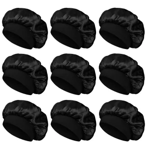 Satin Bonnet Silk Hair Bonnet for Sleeping Women Men Night Cap Sleep Bonnet Hat Hair Cap 9 Pack with Wide Band, Black