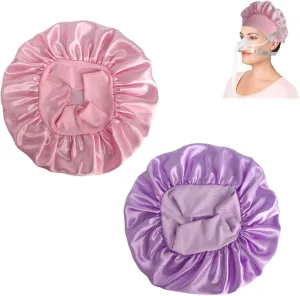 Satin Hair Protective Covers,Sleep Hat Cap for Most Headgear Strap,Elastic Sleep Bonnet for Oxygen Machine Users,Hair Protective Cap Prevent Tangles from Mask Straps(Pink and Purple)