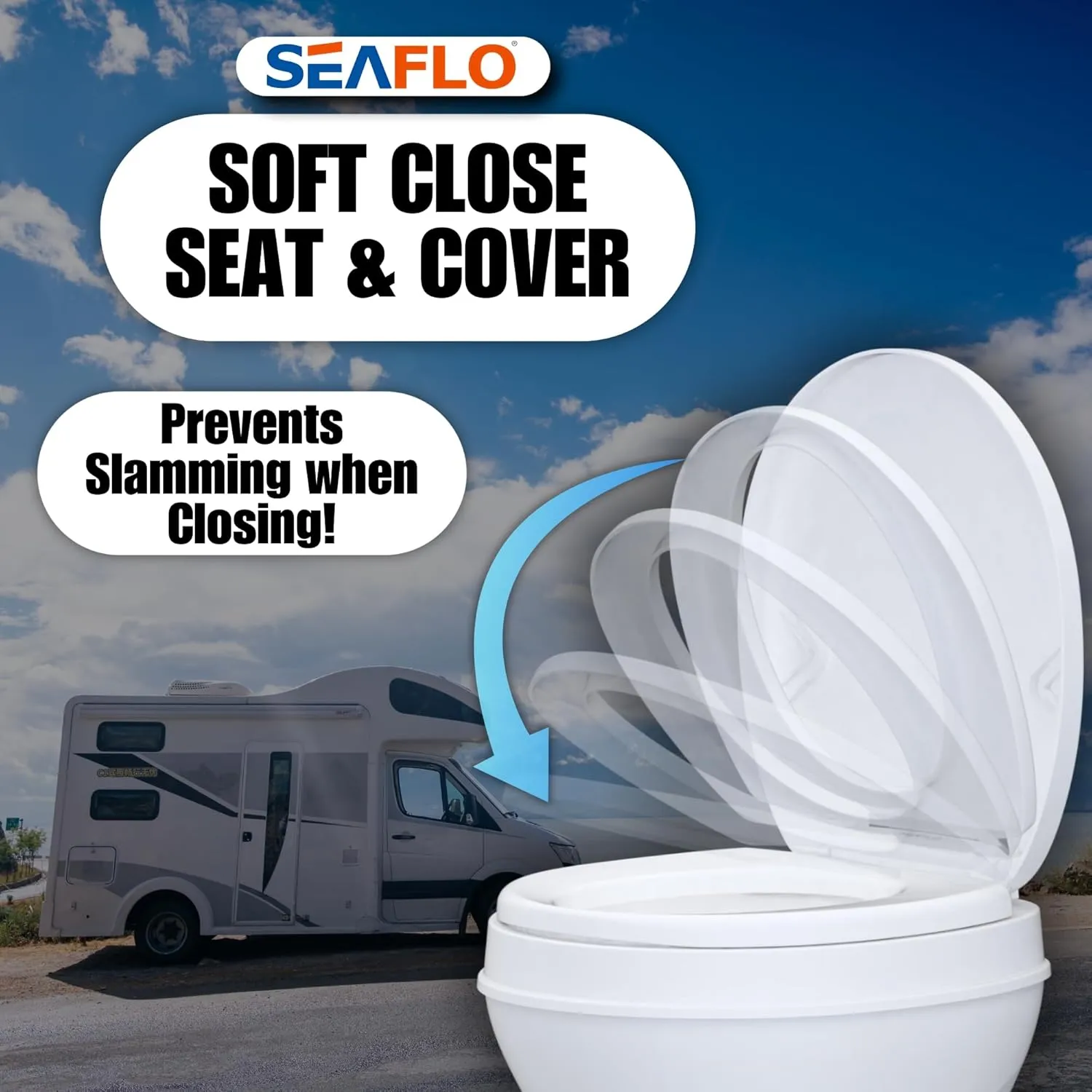 SEAFLO Residential Height Camper/RV Toilet, 18.5” Standard Height, Gravity Flush System, Foot Pedal Operation, Soft Close Seat, Easy-to-Clean Oversized Bowl, 4-Year Warranty