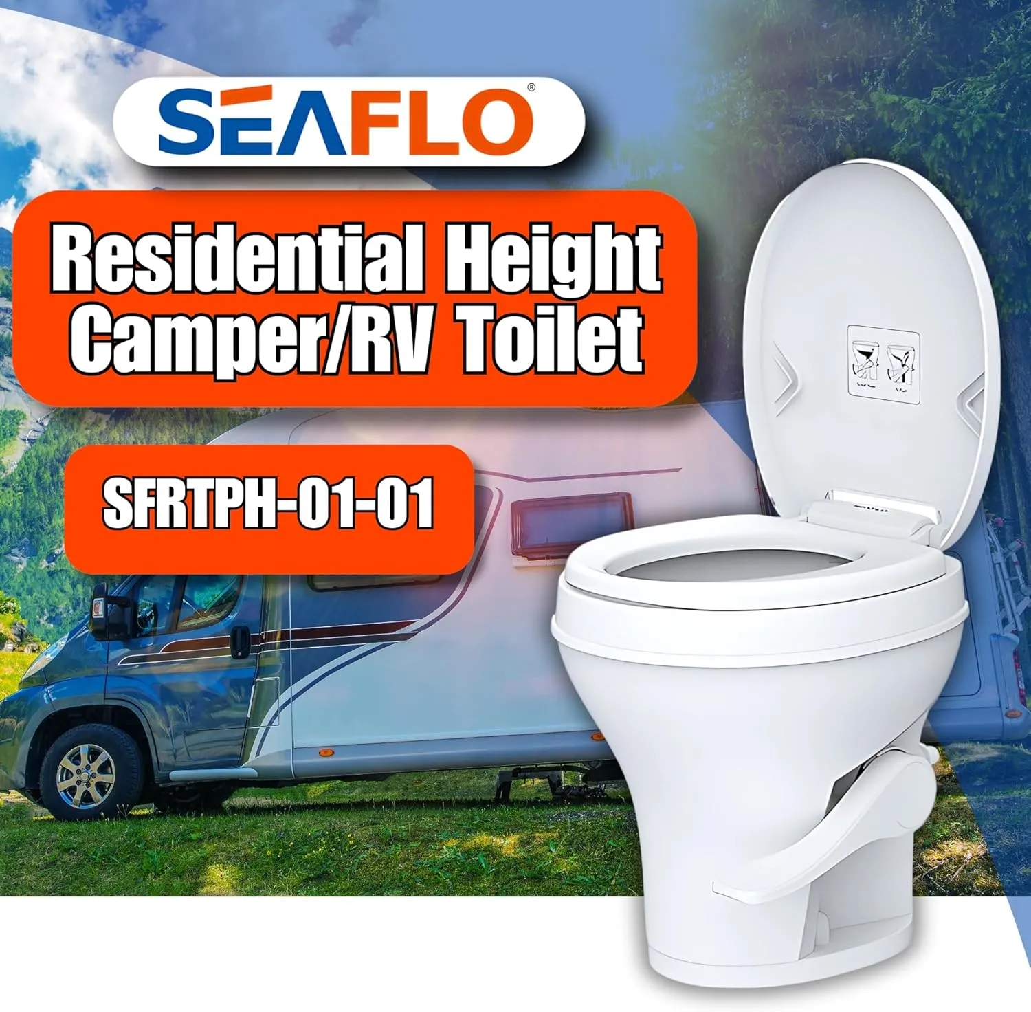 SEAFLO Residential Height Camper/RV Toilet, 18.5” Standard Height, Gravity Flush System, Foot Pedal Operation, Soft Close Seat, Easy-to-Clean Oversized Bowl, 4-Year Warranty