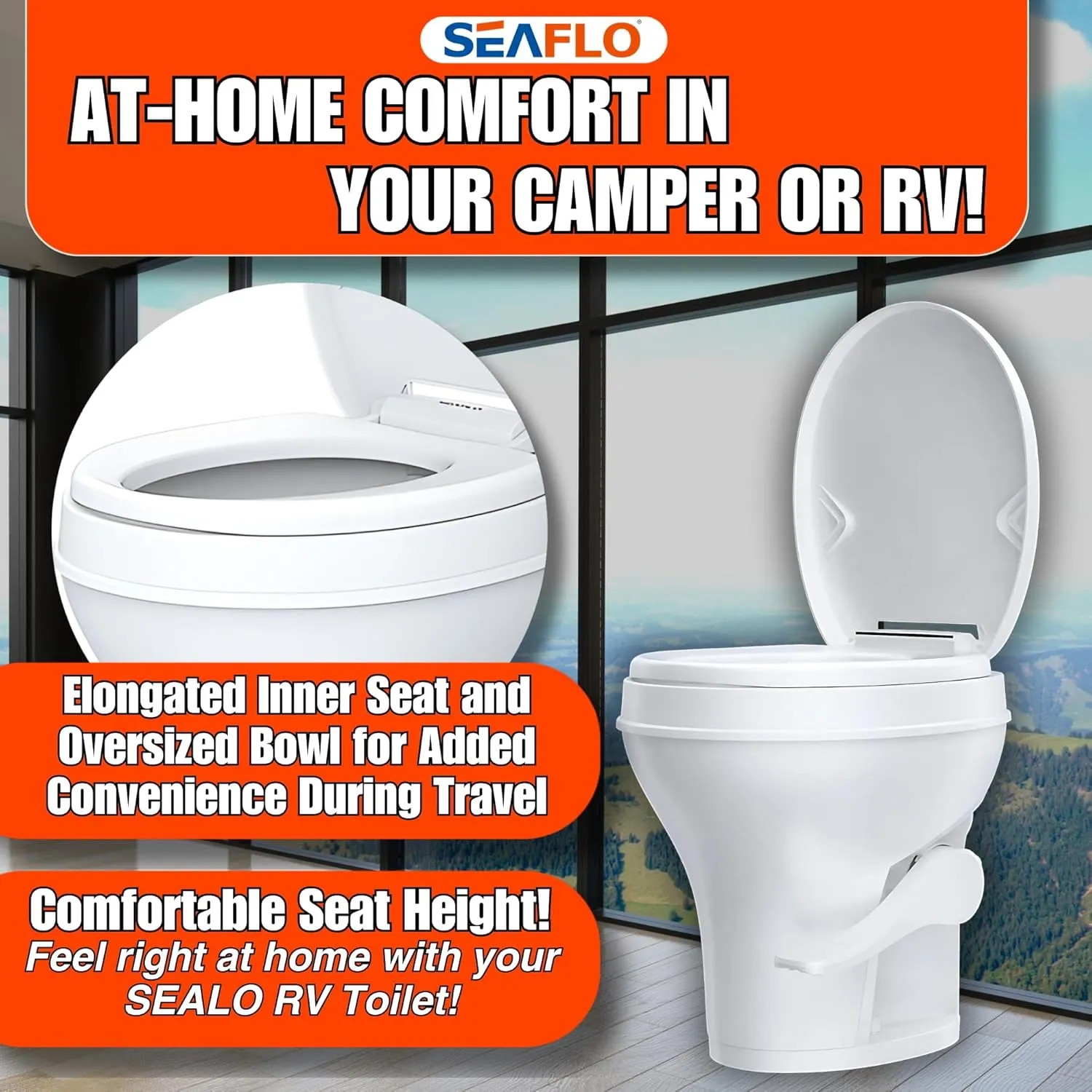 SEAFLO Residential Height Camper/RV Toilet, 18.5” Standard Height, Gravity Flush System, Foot Pedal Operation, Soft Close Seat, Easy-to-Clean Oversized Bowl, 4-Year Warranty