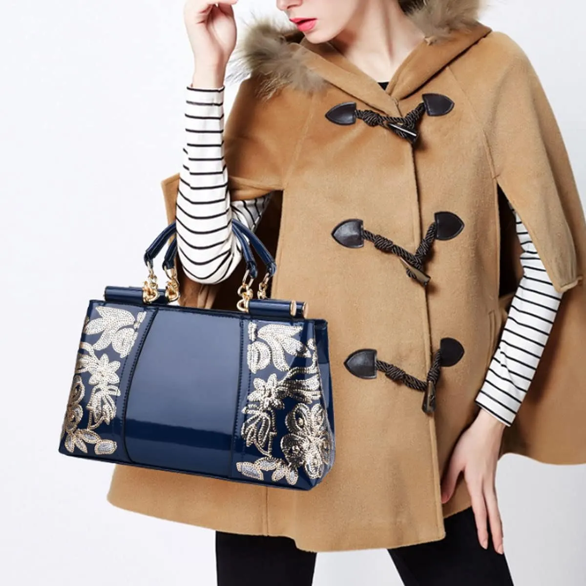 Shiny Patent Women PU Leather Handbags Embroidery Shoulder Bags Fashion Satchel Purses Top Handle Bags