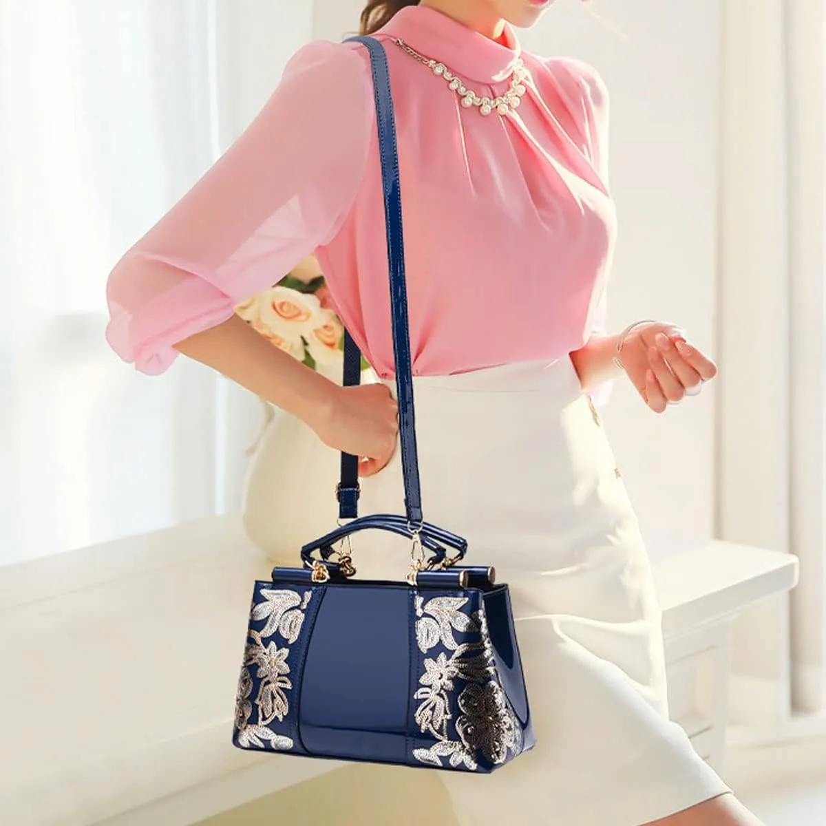 Shiny Patent Women PU Leather Handbags Embroidery Shoulder Bags Fashion Satchel Purses Top Handle Bags