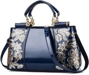 Shiny Patent Women PU Leather Handbags Embroidery Shoulder Bags Fashion Satchel Purses Top Handle Bags