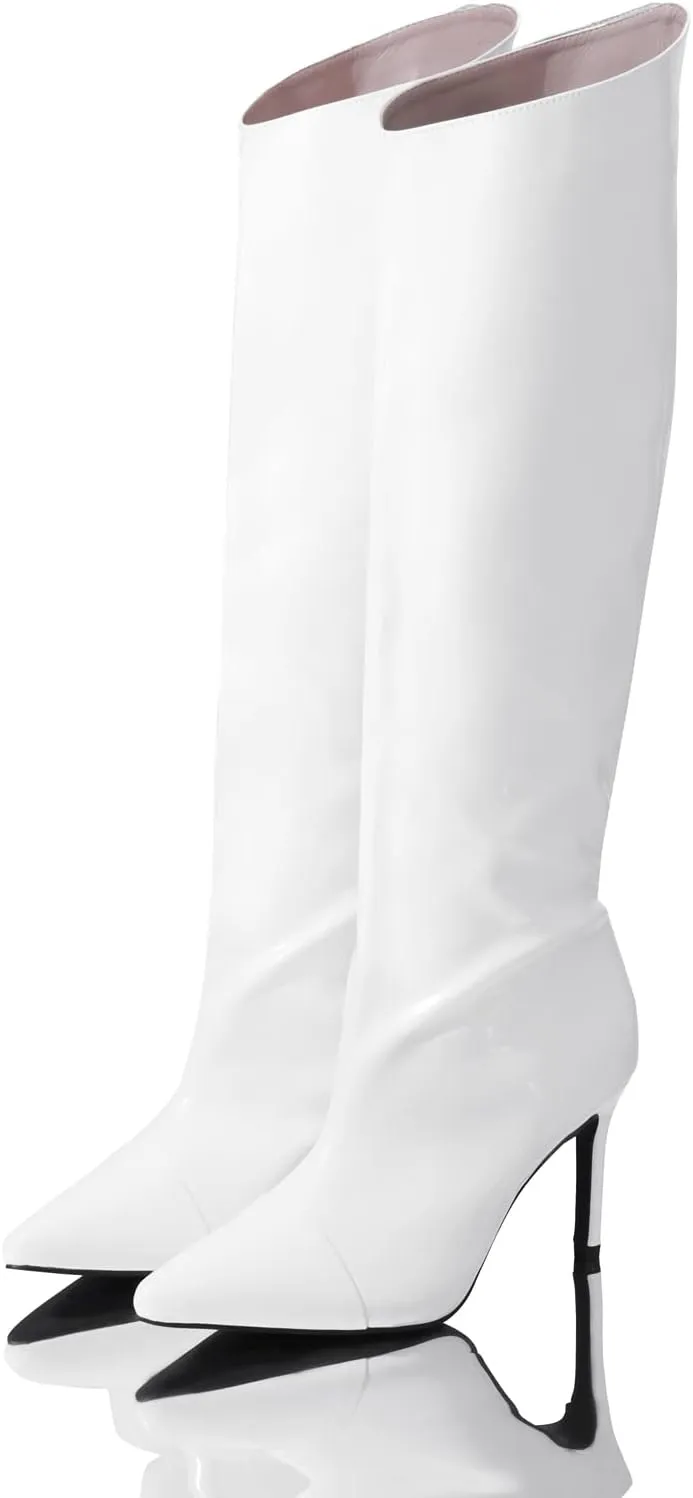 Shoe'N Tale Women's Knee High Boots Pointed Toe Stiletto High Heel Metallic Party Dressy Slip-on Booties Shoes