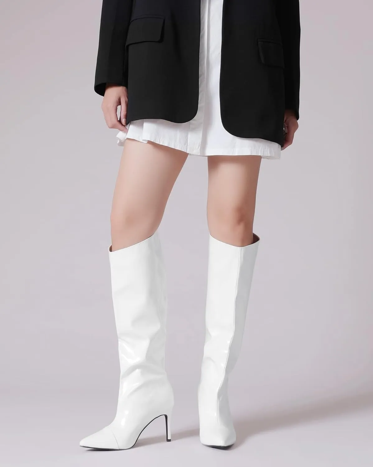 Shoe'N Tale Women's Knee High Boots Pointed Toe Stiletto High Heel Metallic Party Dressy Slip-on Booties Shoes