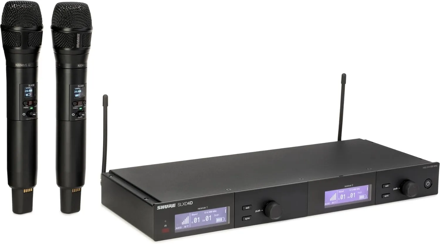 Shure SLXD24D/N8CB Dual Channel Wireless Microphone System - Includes Two SLXD2 Handheld Transmitters with Nexadyne 8/S Vocal Mic Capsules, SLXD4D Rack Mount Receiver | H55 Band (SLXD24D/N8SB-H55)