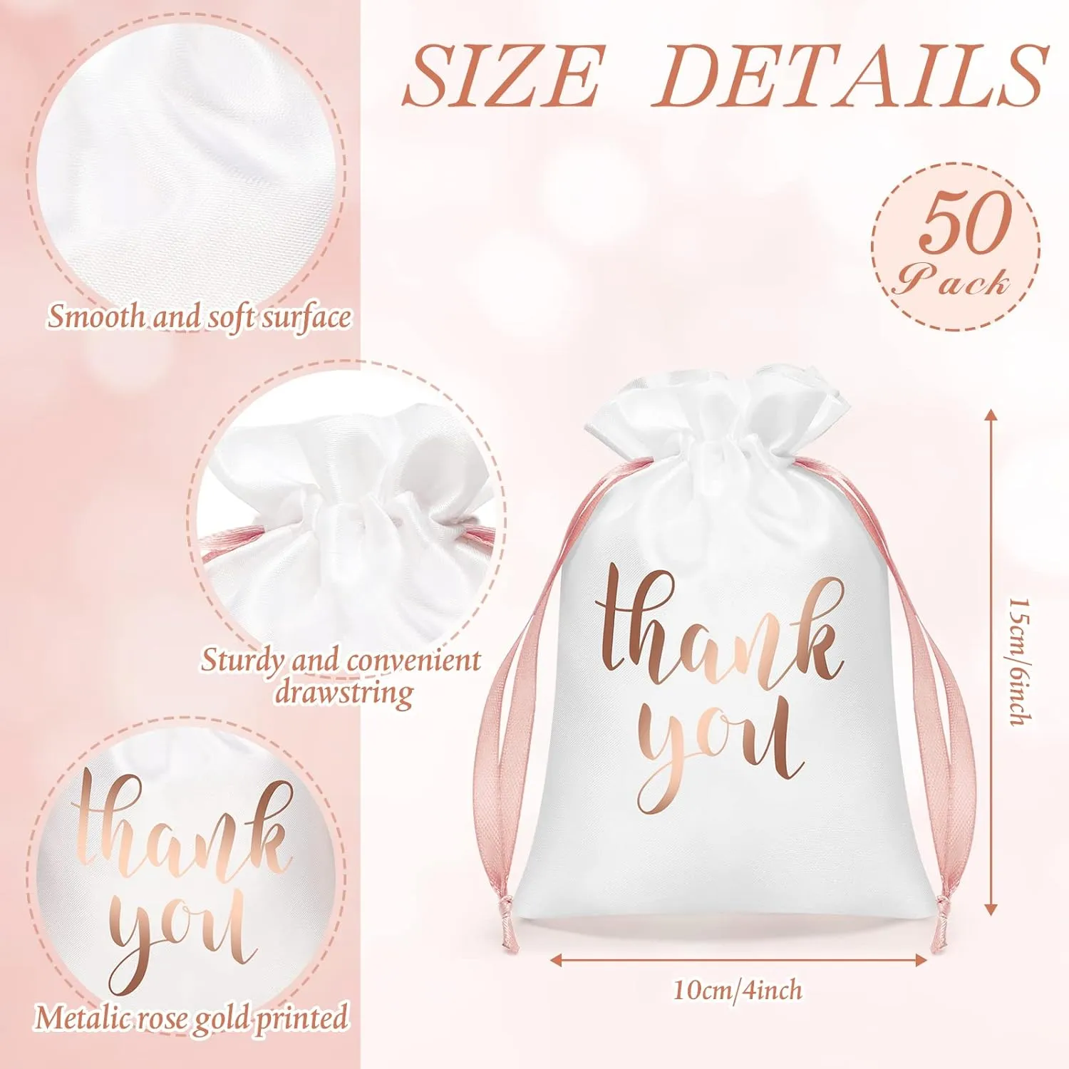 Sieral 50 Pcs Thank You Satin Gift Bags with Drawstring Jewelry Candy Bags for Wedding Bridal Shower Gift Wrap Bags for Birthday Party Anniversary Favor(White, Rose Gold,4 x 6 Inch)
