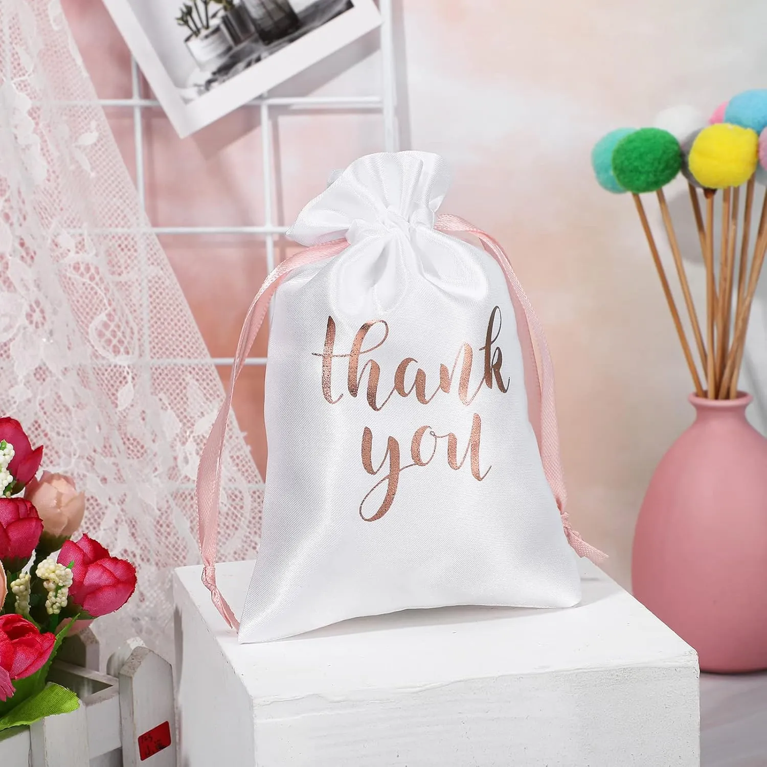 Sieral 50 Pcs Thank You Satin Gift Bags with Drawstring Jewelry Candy Bags for Wedding Bridal Shower Gift Wrap Bags for Birthday Party Anniversary Favor(White, Rose Gold,4 x 6 Inch)