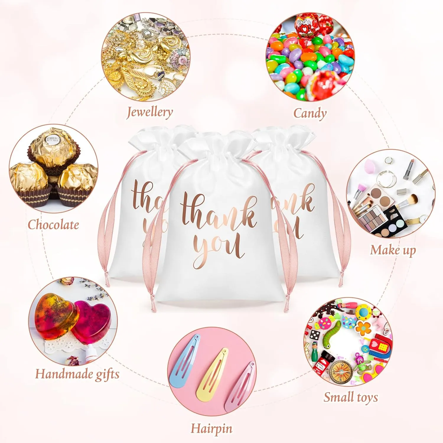 Sieral 50 Pcs Thank You Satin Gift Bags with Drawstring Jewelry Candy Bags for Wedding Bridal Shower Gift Wrap Bags for Birthday Party Anniversary Favor(White, Rose Gold,4 x 6 Inch)