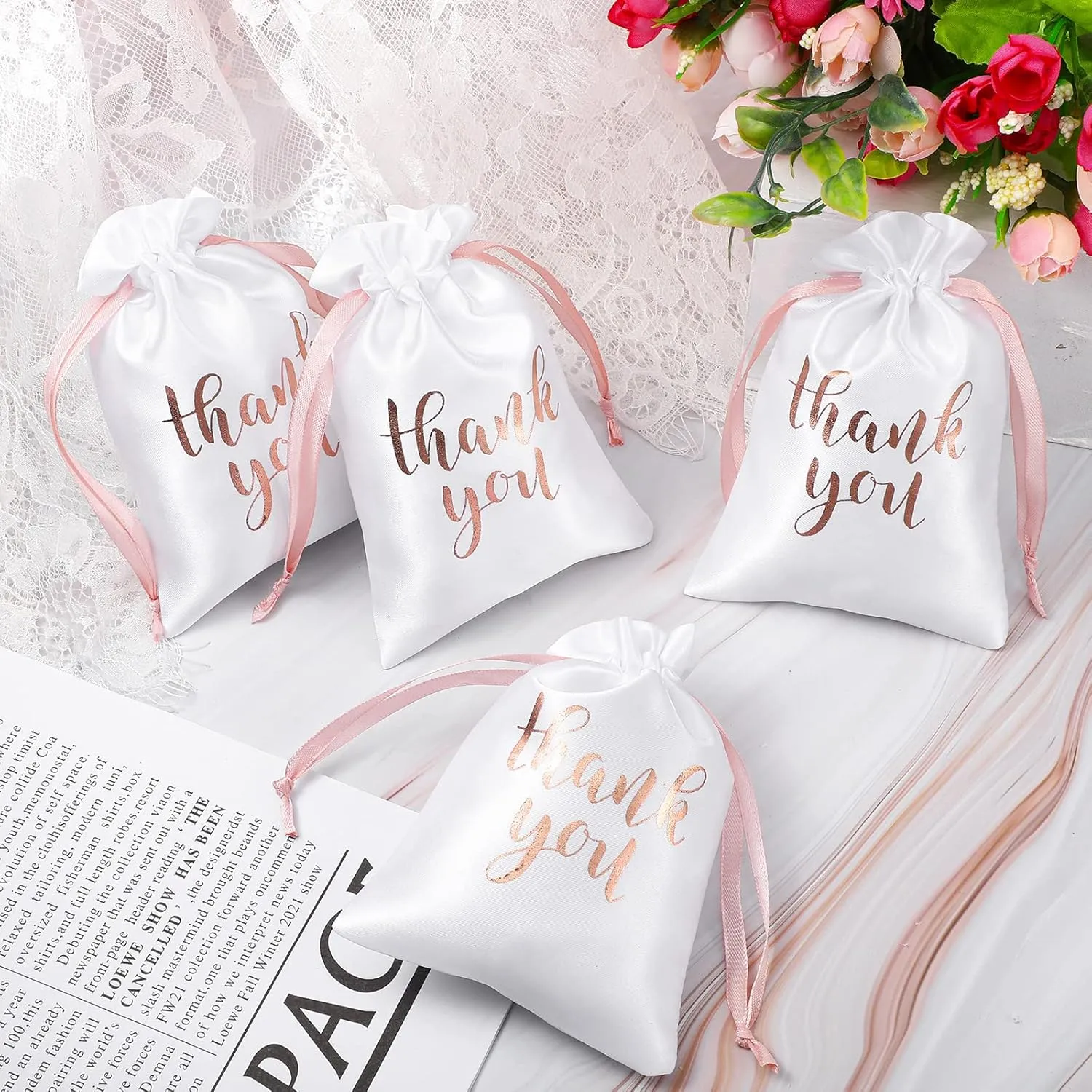 Sieral 50 Pcs Thank You Satin Gift Bags with Drawstring Jewelry Candy Bags for Wedding Bridal Shower Gift Wrap Bags for Birthday Party Anniversary Favor(White, Rose Gold,4 x 6 Inch)