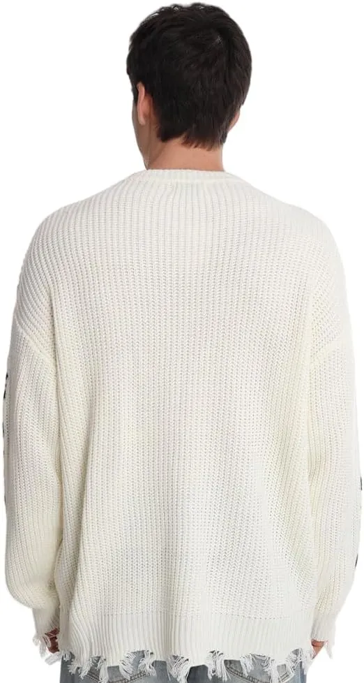 SINAR Men Oversized Sweater Distressed Effect Knit Jumper Winter Casual Pullover Knitwear Crew Neck Sweater for Men