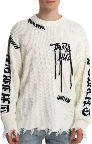 SINAR Men Oversized Sweater Distressed Effect Knit Jumper Winter Casual Pullover Knitwear Crew Neck Sweater for Men