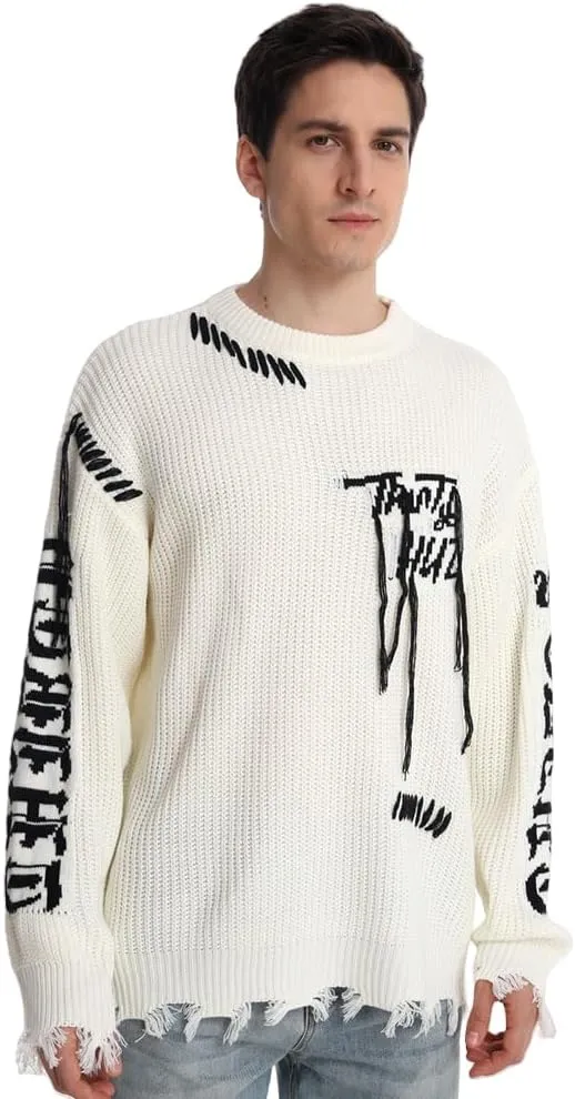 SINAR Men Oversized Sweater Distressed Effect Knit Jumper Winter Casual Pullover Knitwear Crew Neck Sweater for Men