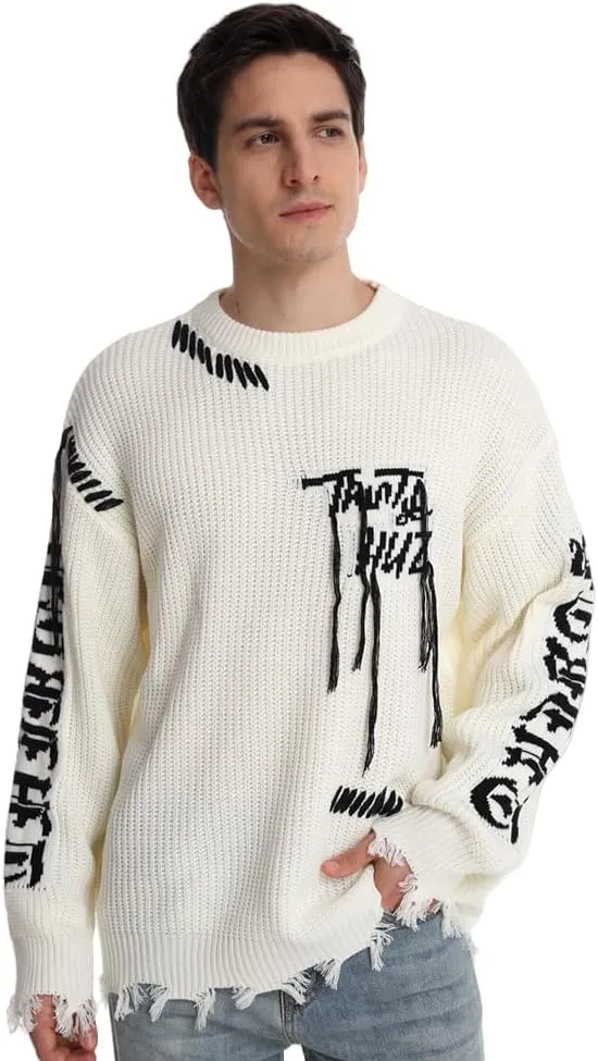 SINAR Men Oversized Sweater Distressed Effect Knit Jumper Winter Casual Pullover Knitwear Crew Neck Sweater for Men