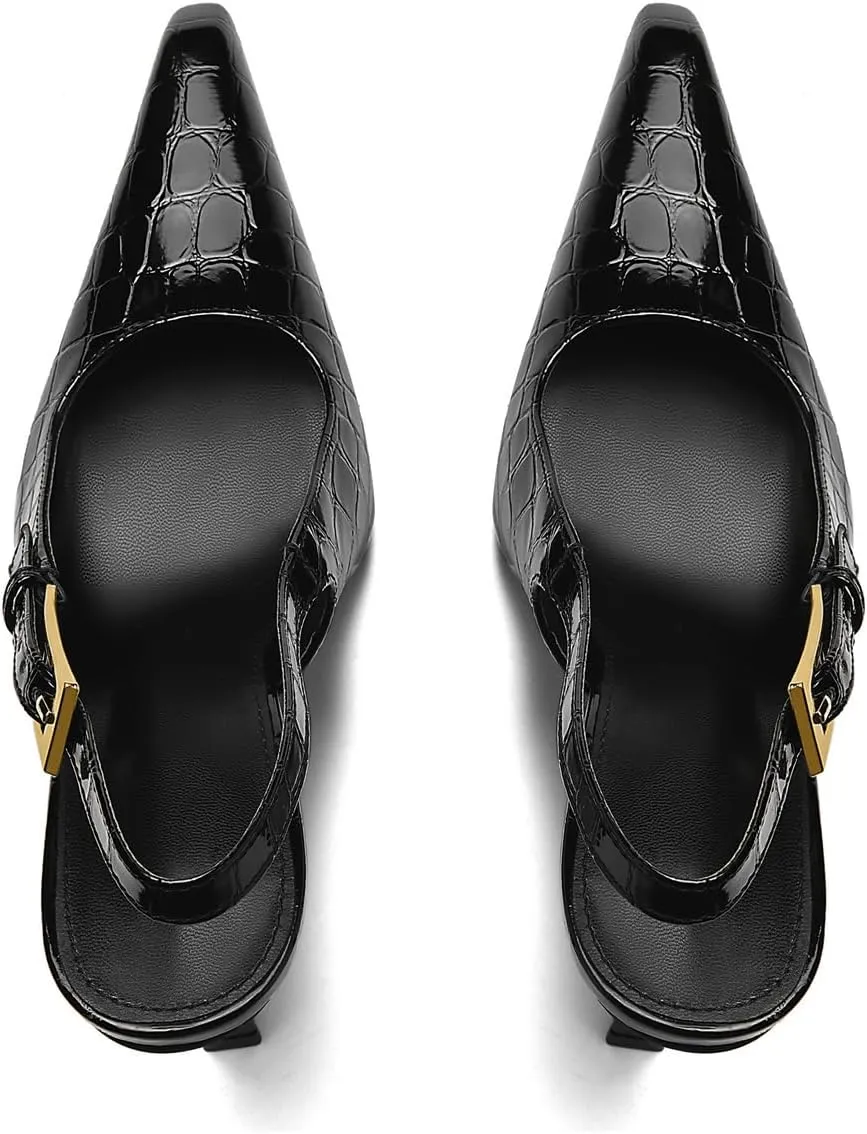 Slingback Closed Pointed Toe Heels Pumps Backless Shoes for Women Metal Ankle Strap Buckle Slip-on Dressy Wedding